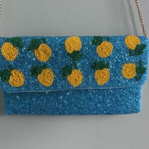 Beaded Blue Lemon Motif Clutch with Chain Strap